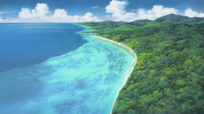 Anime beach with tropical island and ocean