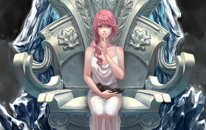 Claire Farron from Final Fantasy XIII sitting on a throne with a bird
