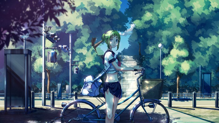 Anime girl with green hair and bicycle