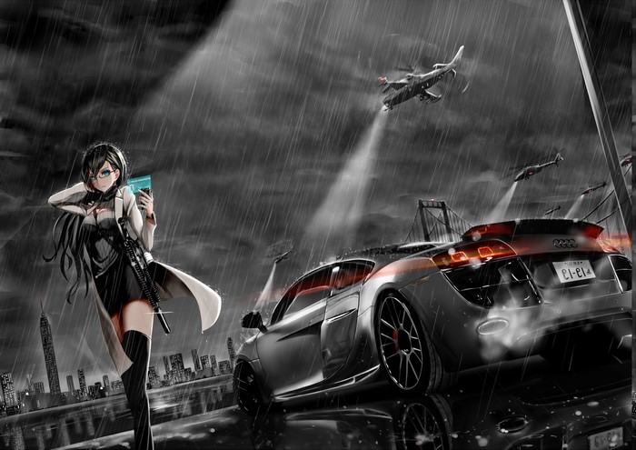 Anime girl with gun and Audi R8 in rain