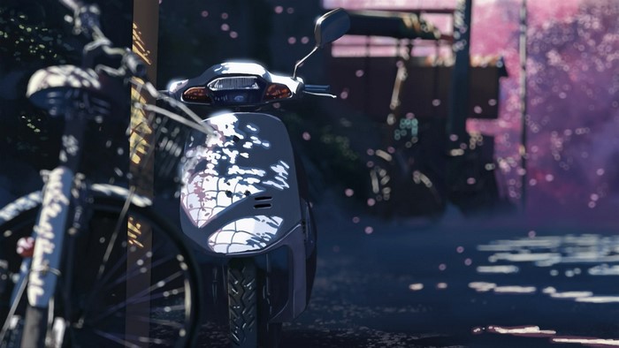 Scooter and bicycle with cherry blossoms
