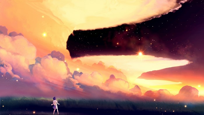 Anime artwork of a girl under a starry sky with clouds