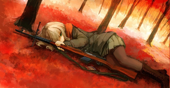 Anime girl with SVT-40 rifle in autumn forest