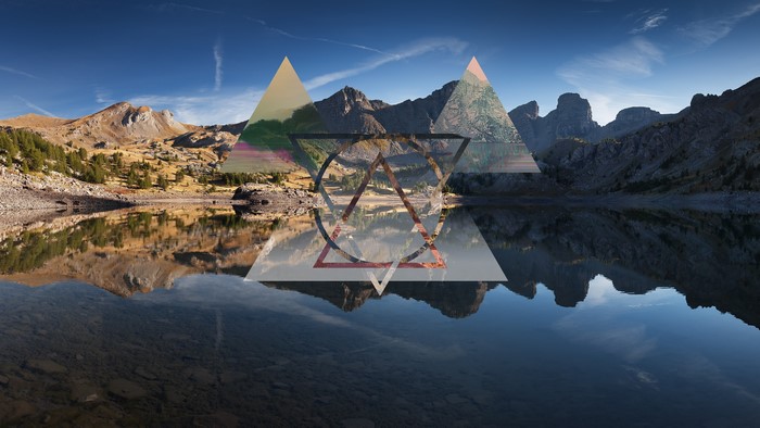 Abstract landscape with geometric overlays