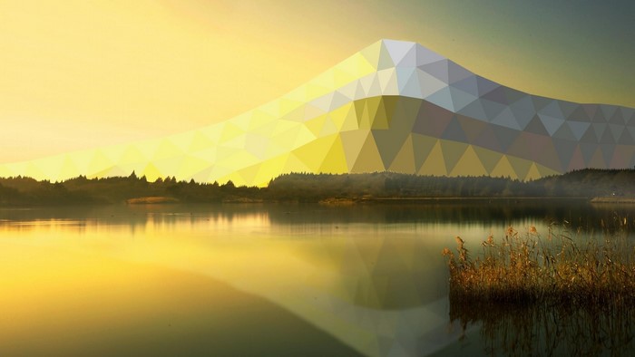 Low poly mountain over lake at sunrise
