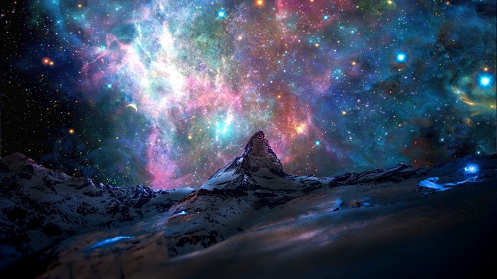 Snowy mountain peak under a colorful nebula and starry sky