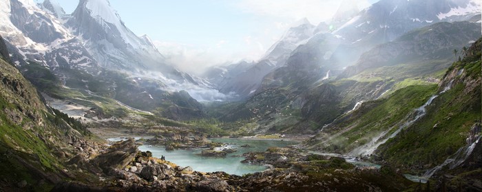 Matte painting of a mountain valley landscape by Thomas Galad
