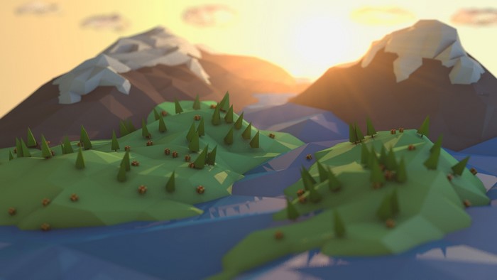 Low poly landscape with mountains, river, and trees at sunset