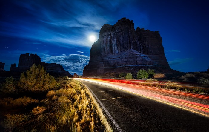 Night road in Arches National Park, Utah, USA