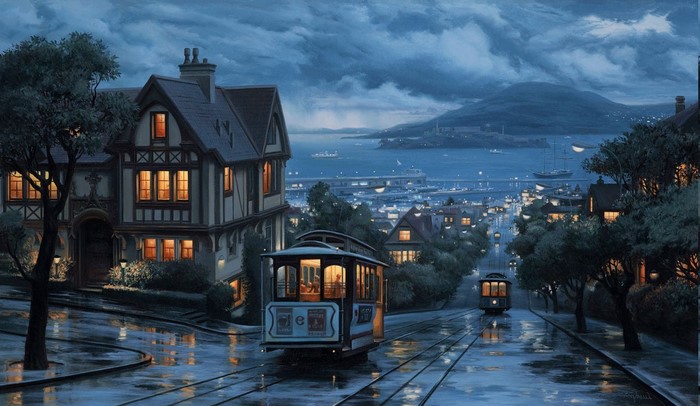 Rainy Evening on San Francisco Street with Cable Cars