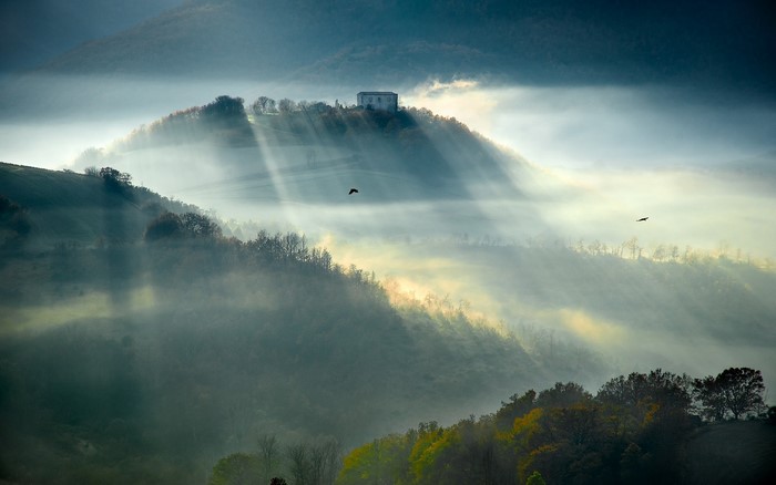Misty mountain landscape with sunbeams and birds