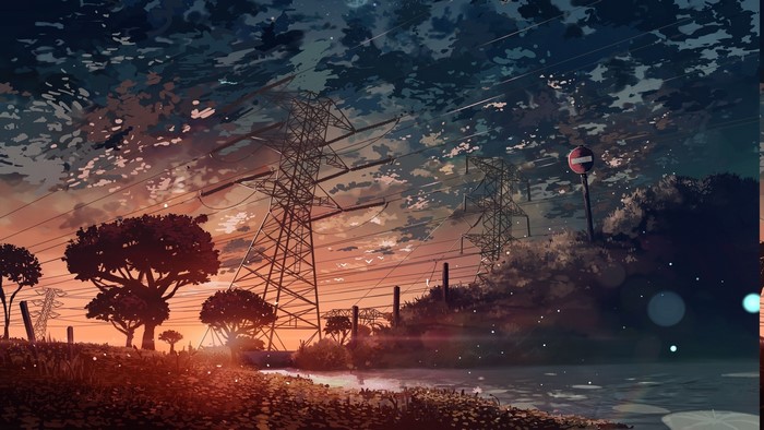 Anime landscape with power lines and sunset