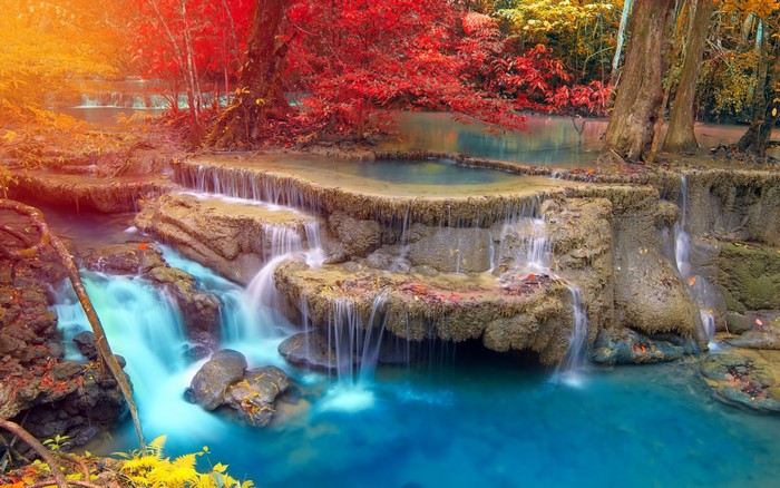 Colorful waterfall in a tropical forest