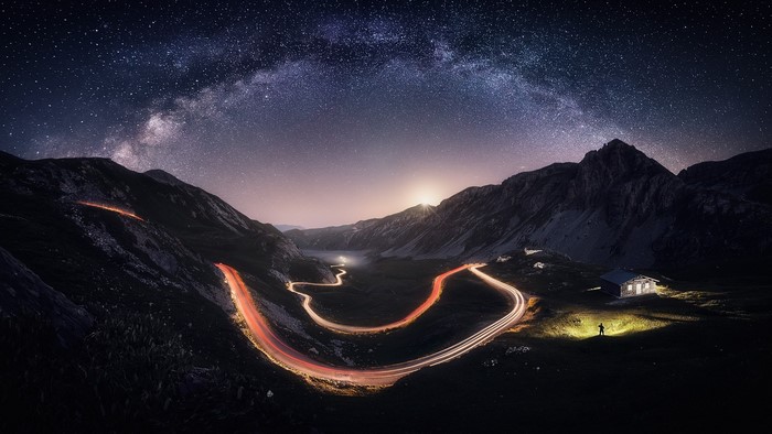 Starry Night Over Mountain Road in Italy