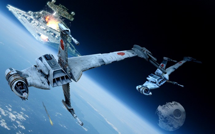 Star Wars B-wing fighters attack a Star Destroyer near the Death Star