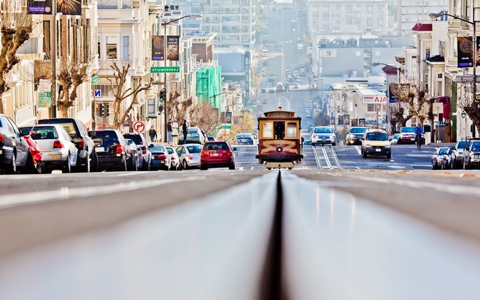 Cable car on a steep street in San Francisco