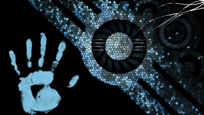 Abstract blue handprint with mosaic pattern
