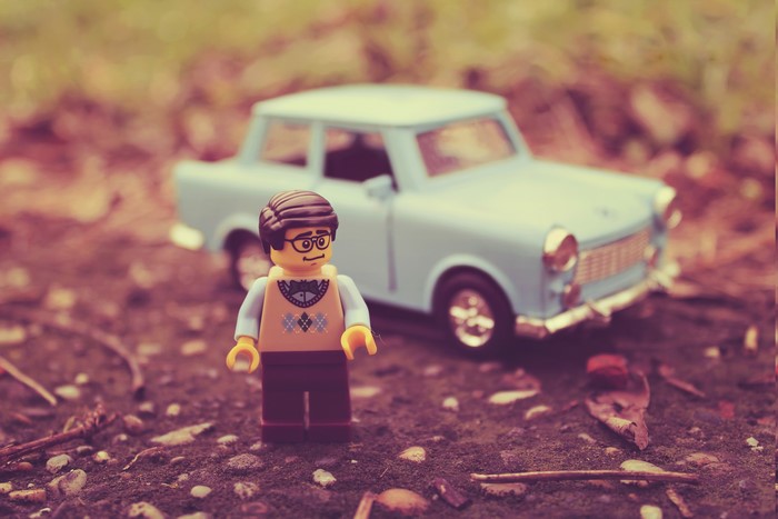 Lego man with vintage Trabant car