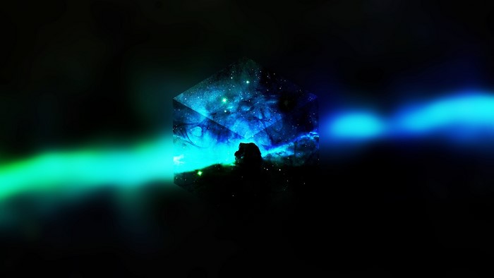 Abstract Hexagonal Nebula with Blue and Green Light Streaks