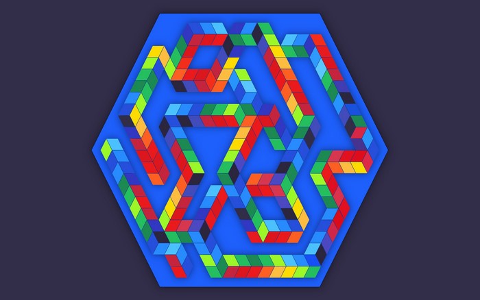 Abstract optical illusion with colorful cubes on blue hexagon