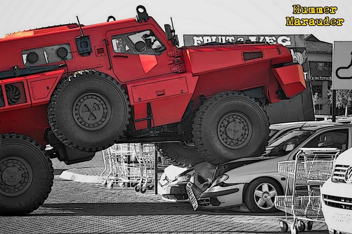 Hummer Marauder Crushing Cars in Parking Lot