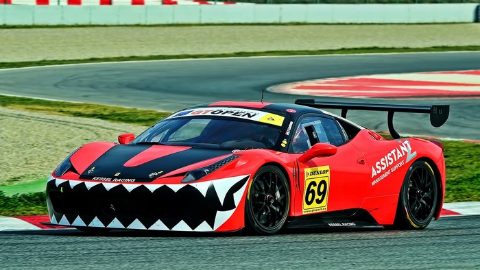 Ferrari 458 Italia GT3 racing car with shark teeth livery