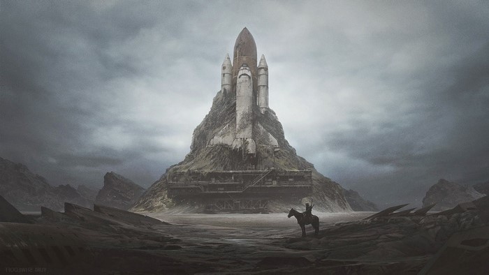 Apocalyptic wasteland with a space shuttle on a mountain and a person on horseback