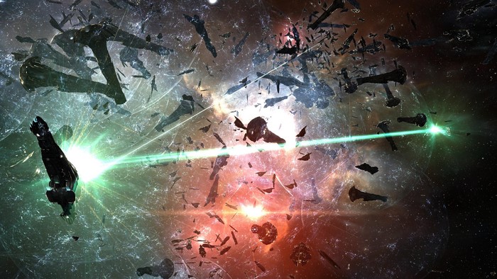 Eve Online space battle with laser fire and debris