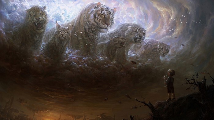 Fantasy art of tigers and a boy in clouds