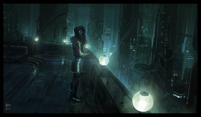 Girl with headphones overlooking a futuristic cityscape