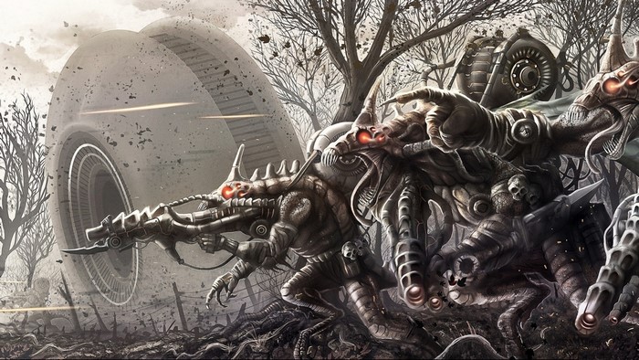 Mechanical alien creatures in a desolate landscape