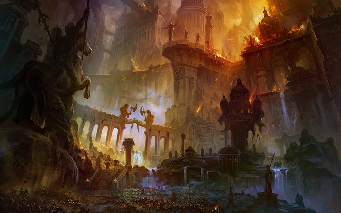 Fantasy city under siege with statues and fire