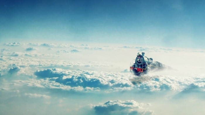 Fantasy train flying through clouds