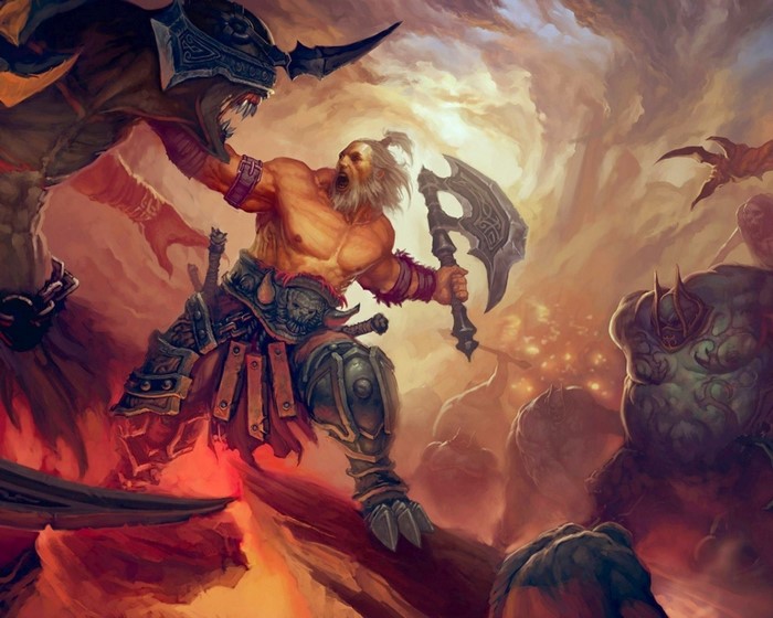 Warrior fighting a demon with an axe