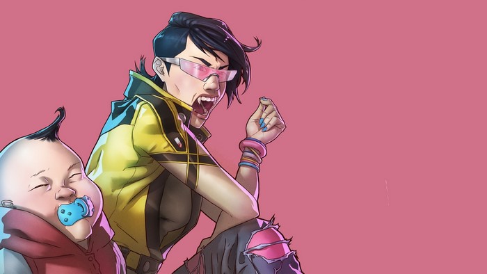 Jubilee from X-Men with a baby