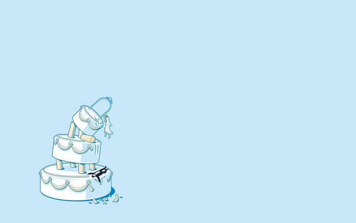 A collapsing wedding cake with a bride and groom