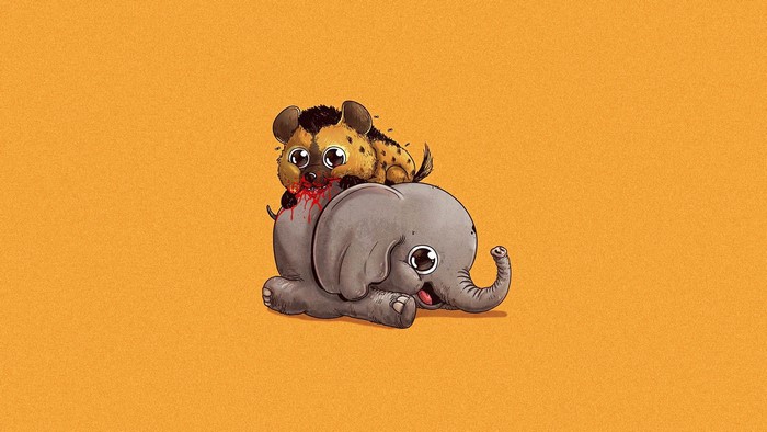 Cute hyena cub on a baby elephant