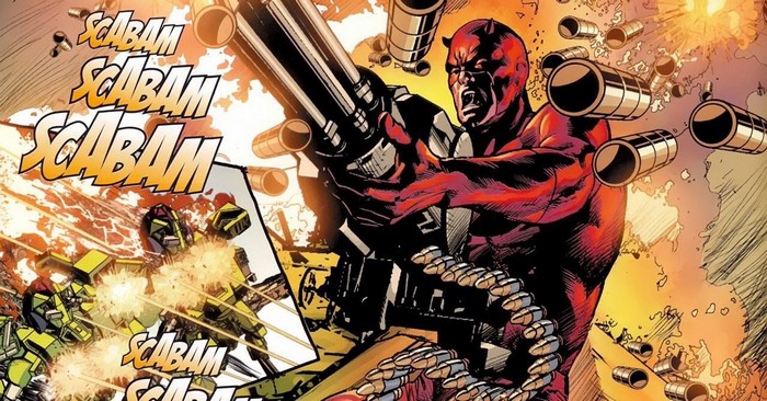 Daredevil from Marvel Comics firing a minigun