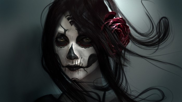 Woman with Sugar Skull face paint and red rose