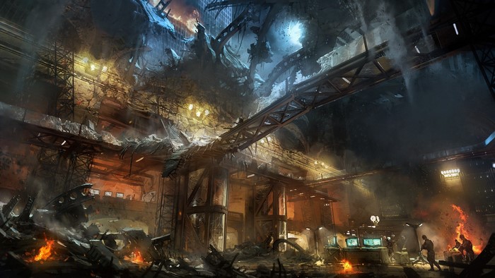 Futuristic destroyed industrial interior with fires and people