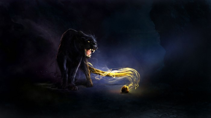 Black panther with glowing tail in dark fantasy setting
