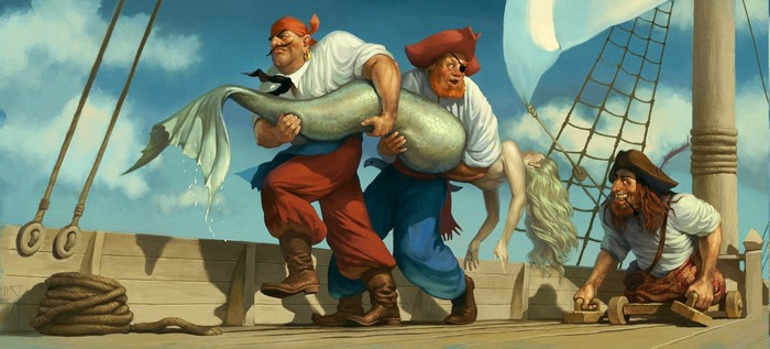 Pirates carrying a mermaid on a ship deck