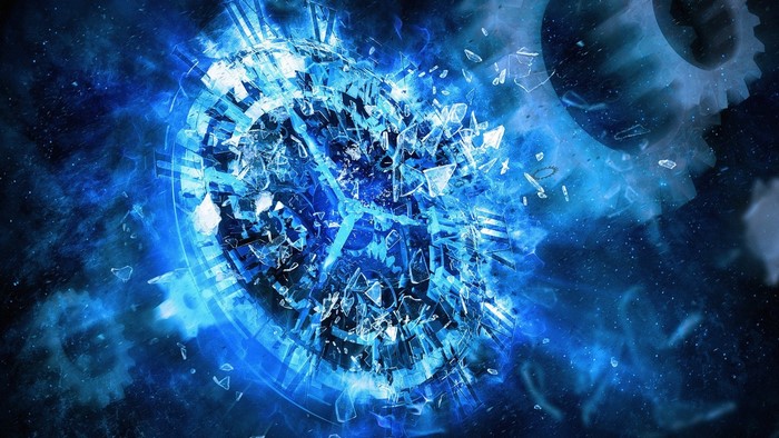 Shattered Clock with Gears and Blue Energy