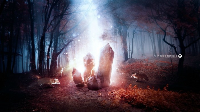 Mystical forest with glowing crystals and foxes