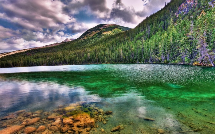 Green lake with forested mountain and cloudy sky