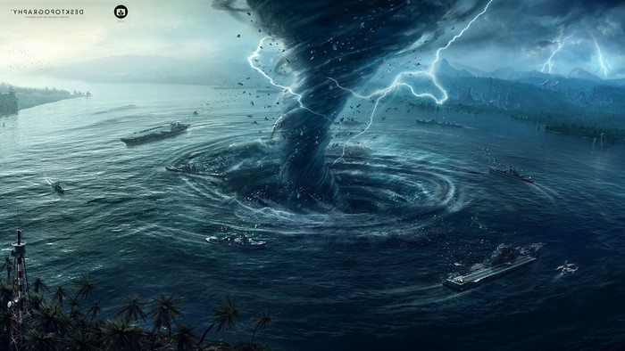 Massive tornado engulfs ships during a thunderstorm