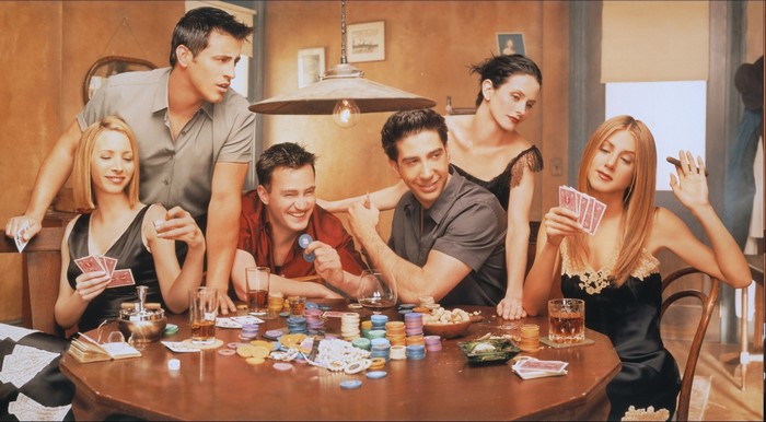 Friends TV Series: Ross, Rachel, Monica, Chandler, Joey, and Phoebe playing cards