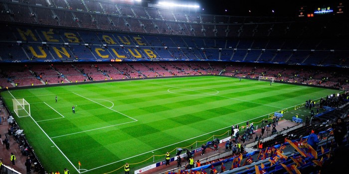 Camp Nou Stadium at Night During Champions League