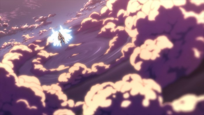 Anime character with wings flying through clouds