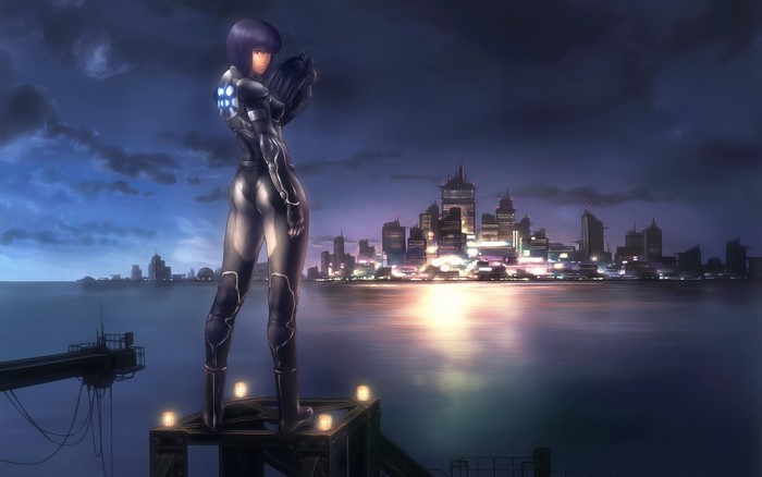 Motoko Kusanagi from Ghost in the Shell overlooking a city
